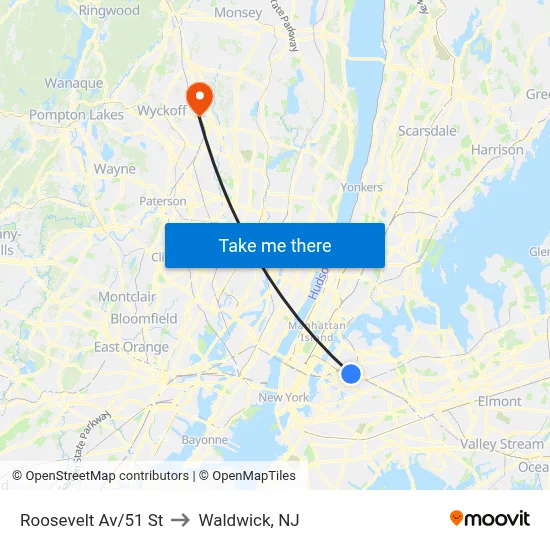 Roosevelt Av/51 St to Waldwick, NJ map