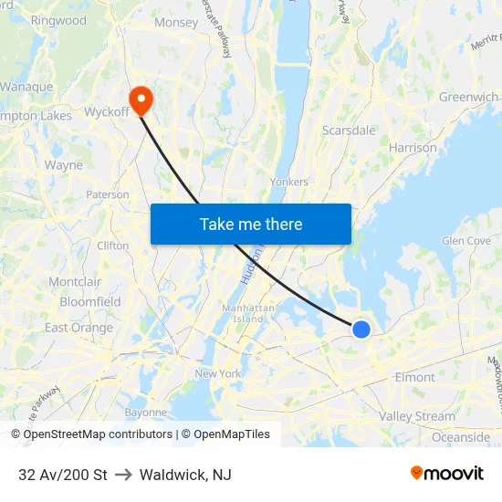 32 Av/200 St to Waldwick, NJ map