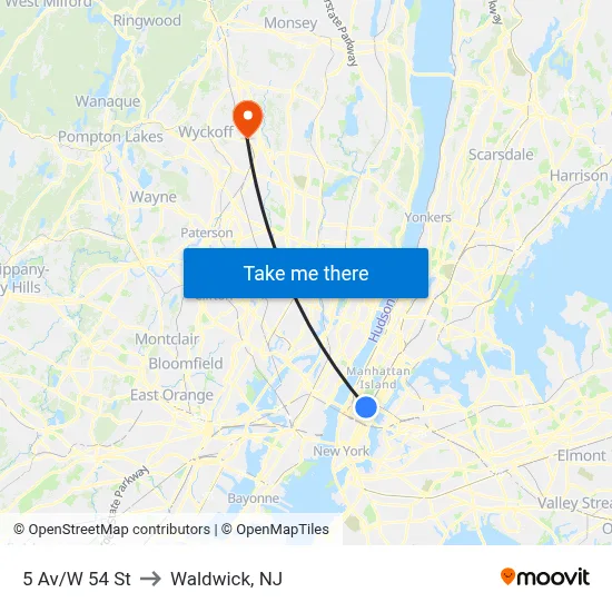 5 Av/W 54 St to Waldwick, NJ map