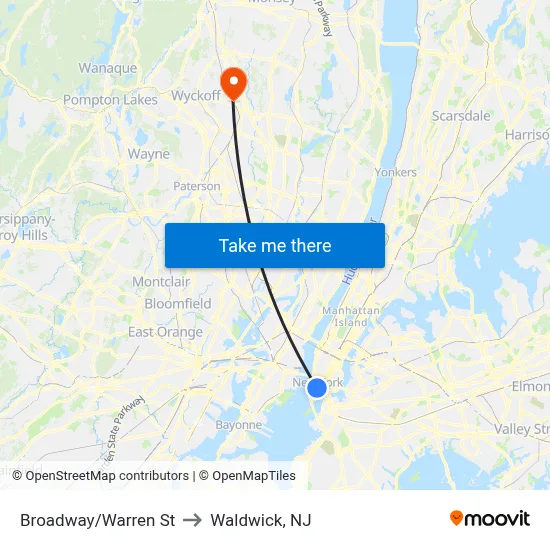 Broadway/Warren St to Waldwick, NJ map