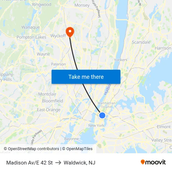 Madison Av/E 42 St to Waldwick, NJ map