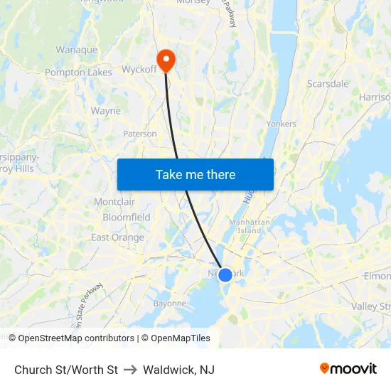 Church St/Worth St to Waldwick, NJ map