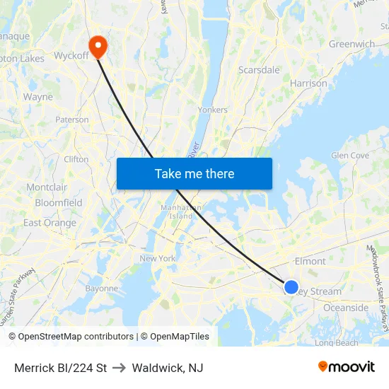 Merrick Bl/224 St to Waldwick, NJ map