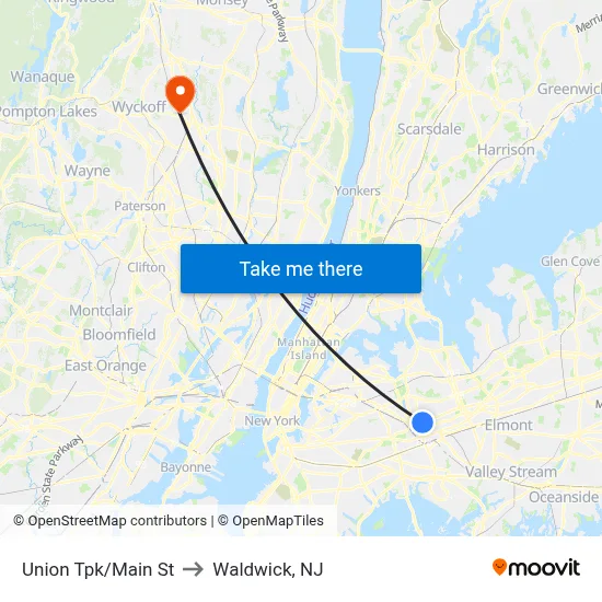 Union Tpk/Main St to Waldwick, NJ map