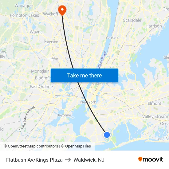 Flatbush Av/Kings Plaza to Waldwick, NJ map