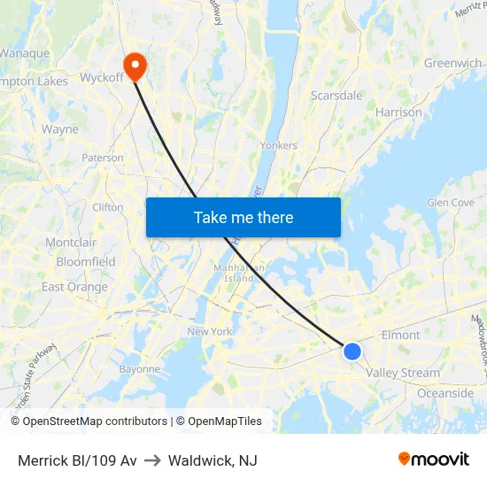 Merrick Bl/109 Av to Waldwick, NJ map