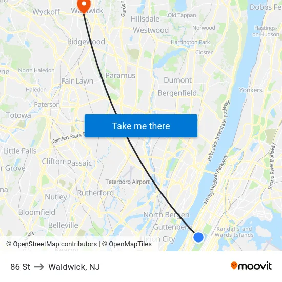 86 St to Waldwick, NJ map