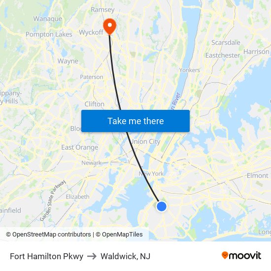 Fort Hamilton Pkwy to Waldwick, NJ map