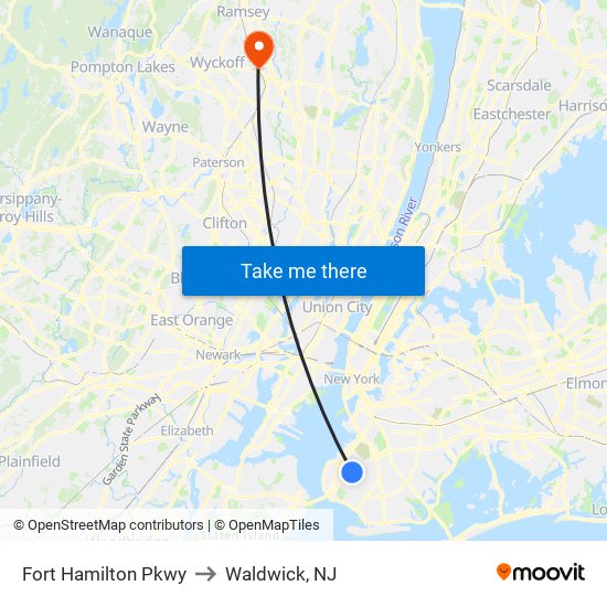 Fort Hamilton Pkwy to Waldwick, NJ map