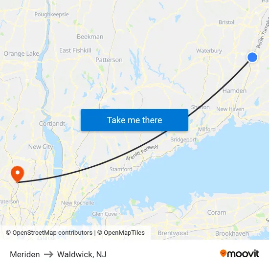 Meriden to Waldwick, NJ map