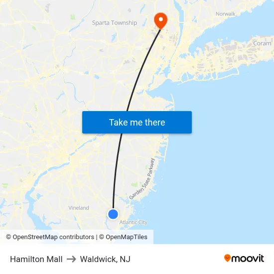 Hamilton Mall to Waldwick, NJ map