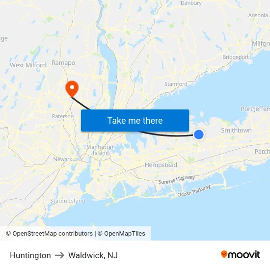 Huntington to Waldwick, NJ map