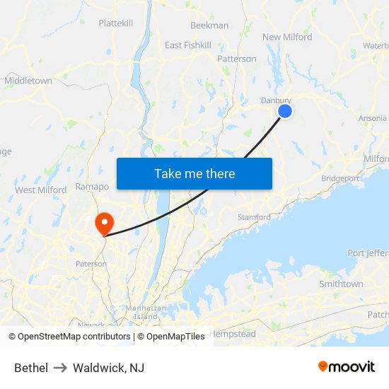 Bethel to Waldwick, NJ map