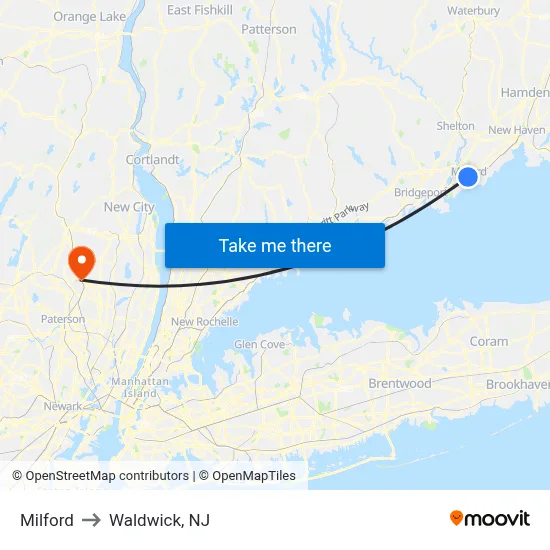 Milford to Waldwick, NJ map