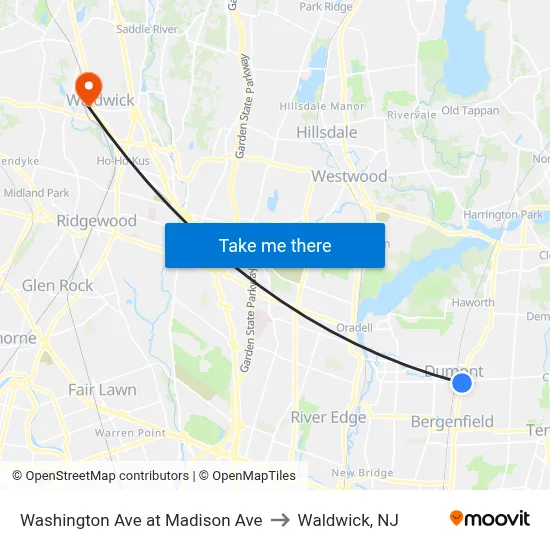 Washington Ave at Madison Ave to Waldwick, NJ map