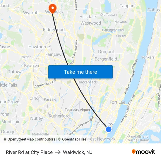 River Rd at City Place to Waldwick, NJ map