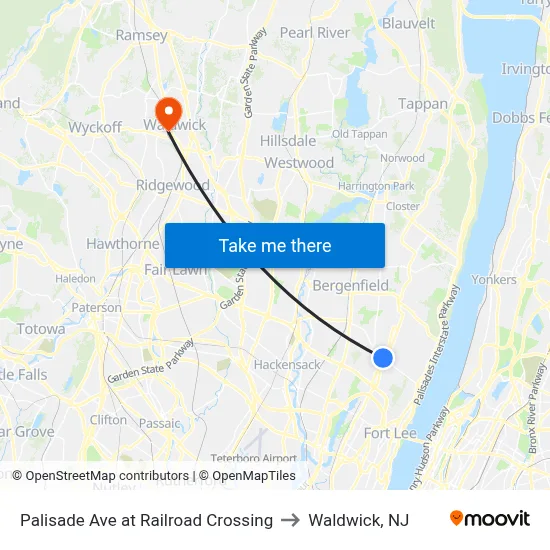 Palisade Ave at Railroad Crossing to Waldwick, NJ map