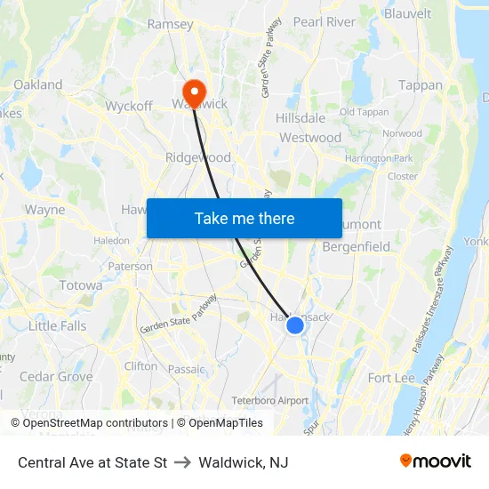 Central Ave at State St to Waldwick, NJ map