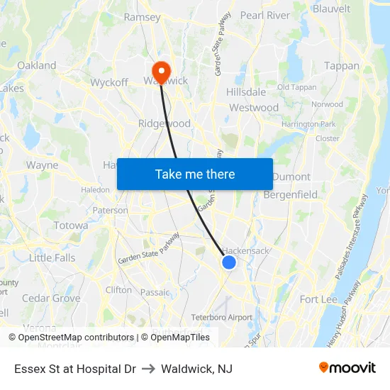 Essex St at Hospital Dr to Waldwick, NJ map
