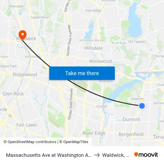Massachusetts Ave at Washington Ave to Waldwick, NJ map