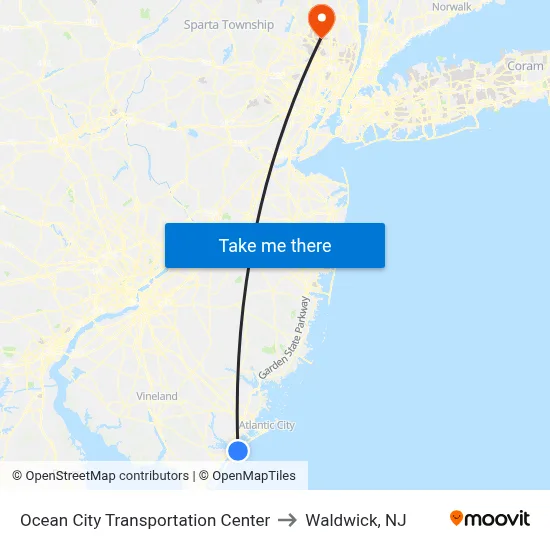 Ocean City Transportation Center to Waldwick, NJ map