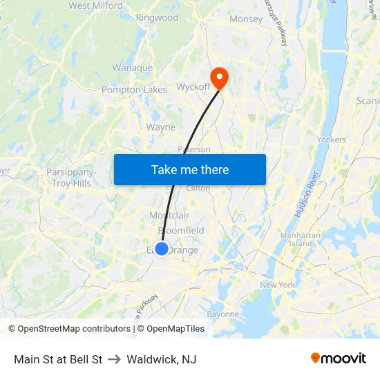 Main St at Bell St to Waldwick, NJ map