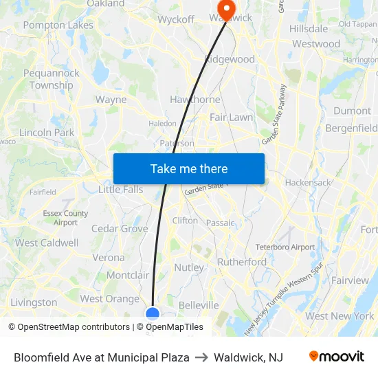 Bloomfield Ave at Municipal Plaza to Waldwick, NJ map