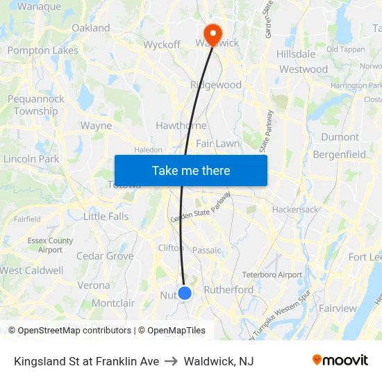 Kingsland St at Franklin Ave to Waldwick, NJ map