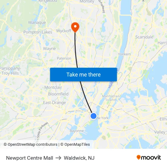 Newport Centre Mall to Waldwick, NJ map
