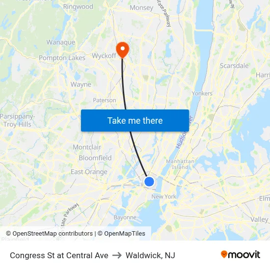 Congress St at Central Ave to Waldwick, NJ map