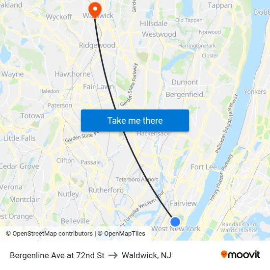 Bergenline Ave at 72nd St to Waldwick, NJ map