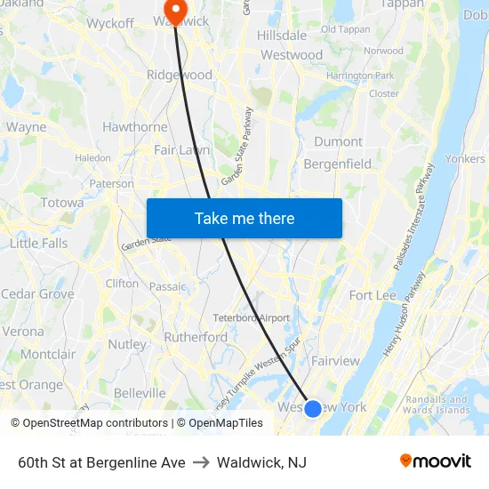 60th St at Bergenline Ave to Waldwick, NJ map