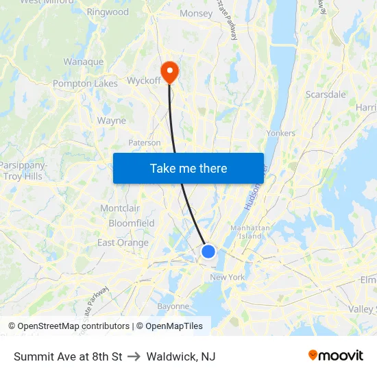 Summit Ave at 8th St to Waldwick, NJ map