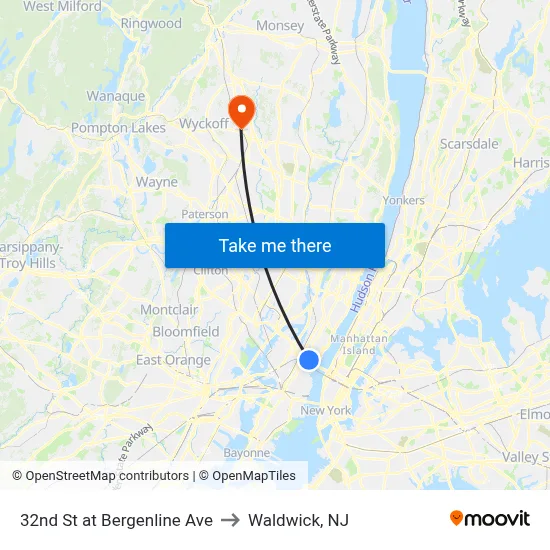 32nd St at Bergenline Ave to Waldwick, NJ map