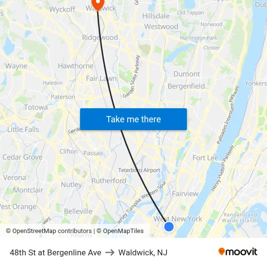 48th St at Bergenline Ave to Waldwick, NJ map