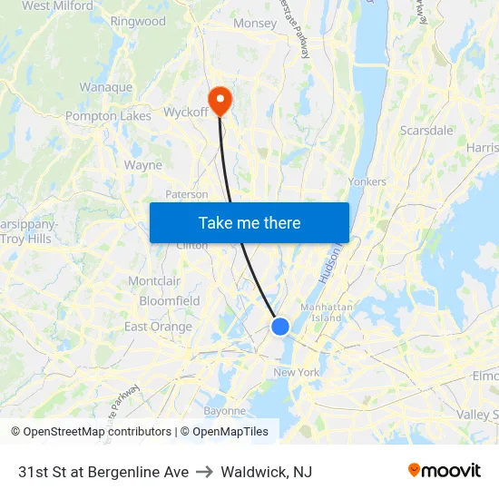 31st St at Bergenline Ave to Waldwick, NJ map