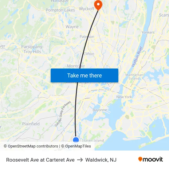 Roosevelt Ave at Carteret Ave to Waldwick, NJ map