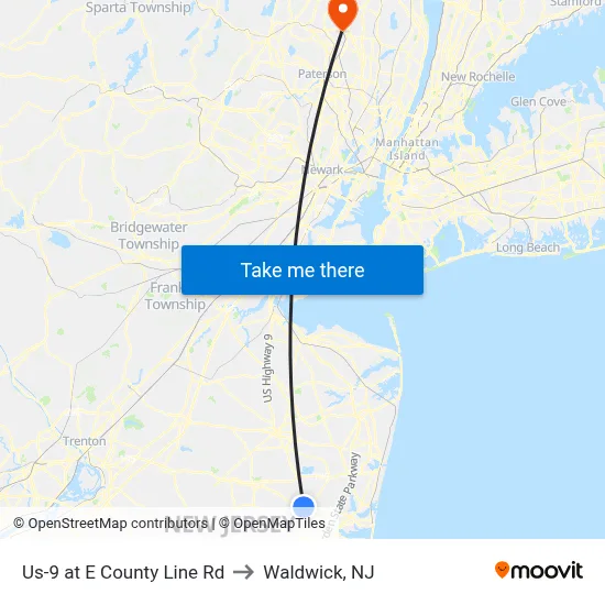 Us-9 at E County Line Rd to Waldwick, NJ map