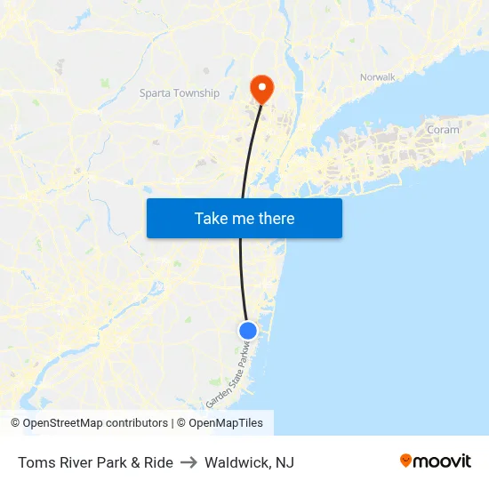 Toms River Park & Ride to Waldwick, NJ map