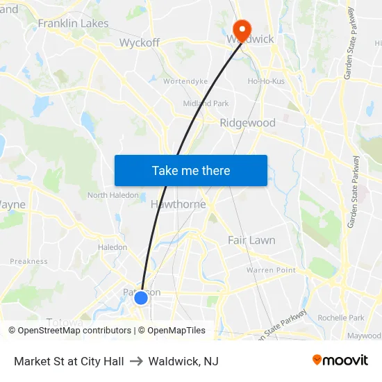 Market St at City Hall to Waldwick, NJ map