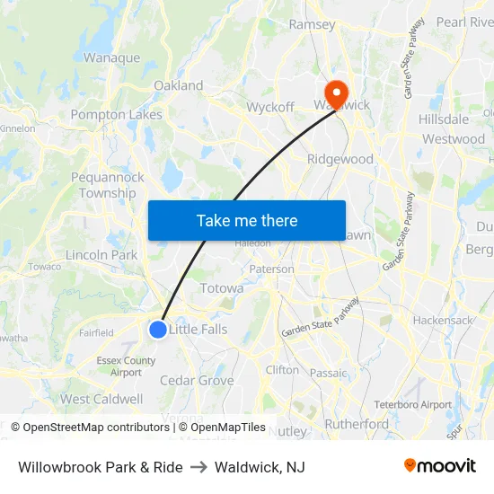 Willowbrook Park & Ride to Waldwick, NJ map