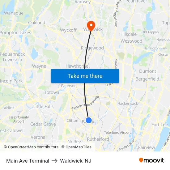 Main Ave Terminal to Waldwick, NJ map