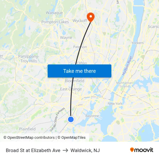 Broad St at Elizabeth Ave to Waldwick, NJ map