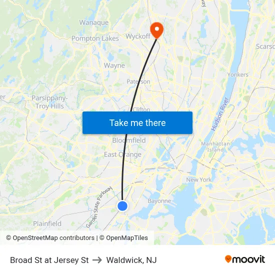 Broad St at Jersey St to Waldwick, NJ map