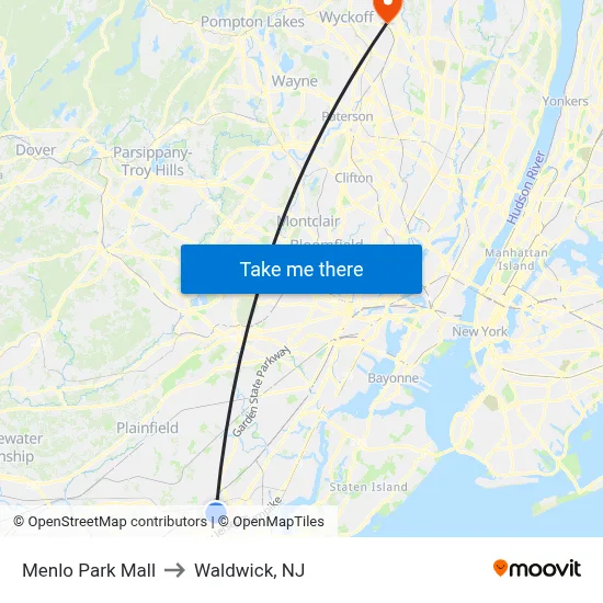 Menlo Park Mall to Waldwick, NJ map