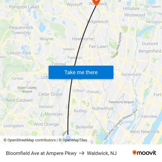 Bloomfield Ave at Ampere Pkwy to Waldwick, NJ map