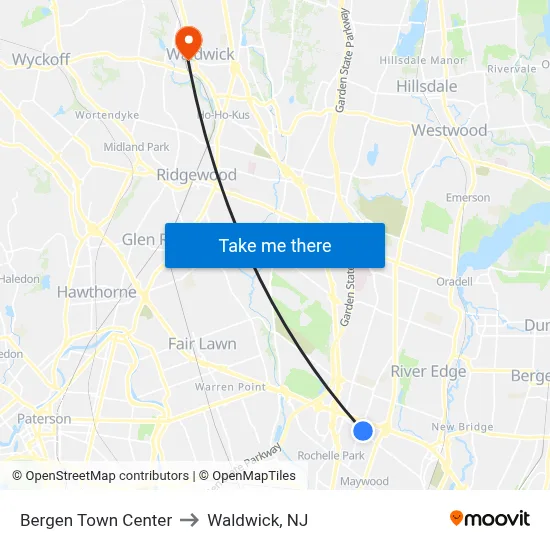 Bergen Town Center to Waldwick, NJ map