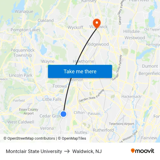 Montclair State University to Waldwick, NJ map