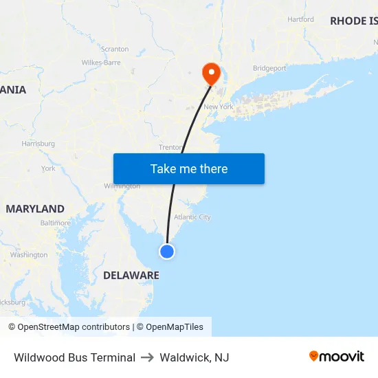 Wildwood Bus Terminal to Waldwick, NJ map