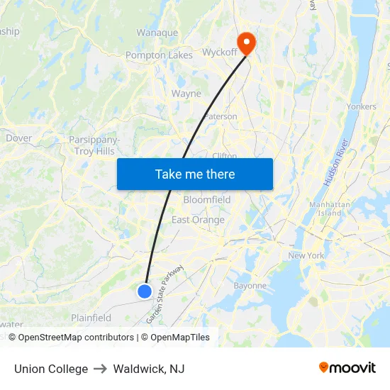 Union College to Waldwick, NJ map